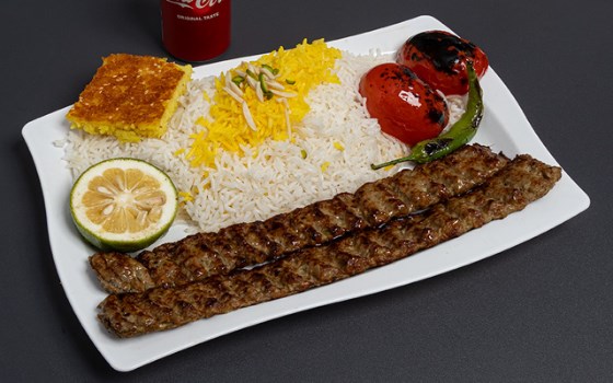 چلو کباب کوبیده زعفرانی(دو سیخ)